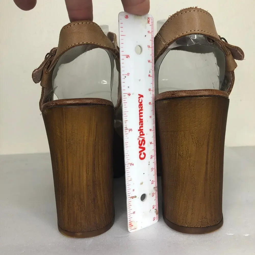 Anthropologie Musse & Cloud Sandal Platform Wood Heel Tan Leather Cross Strap 39